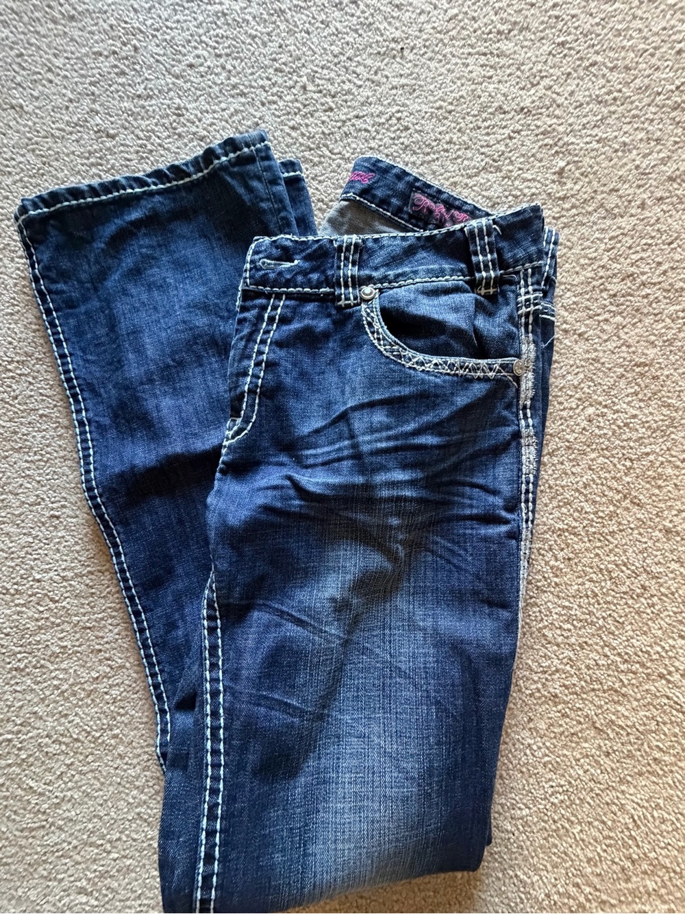 Rock & Roll Cowgirl Dark Blue Boot Cut Jeans with White Contrast Stitching